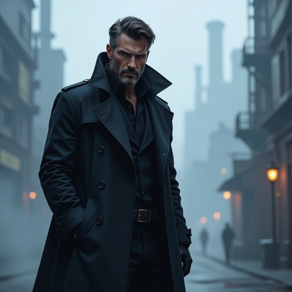 Brooding Man in Industrial Cityscape, Syd Mead Style