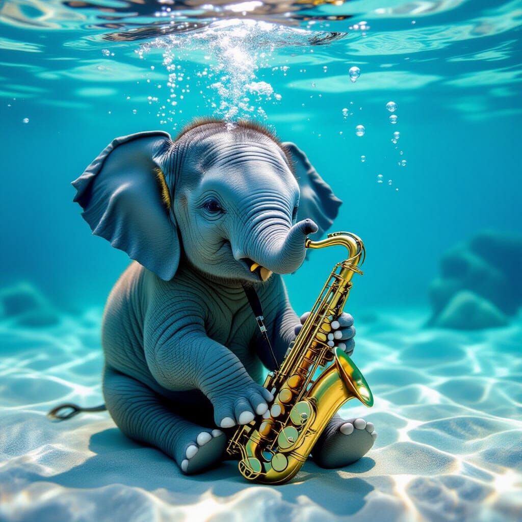 Underwater Elephant Saxophonist in Dreamy Scene
