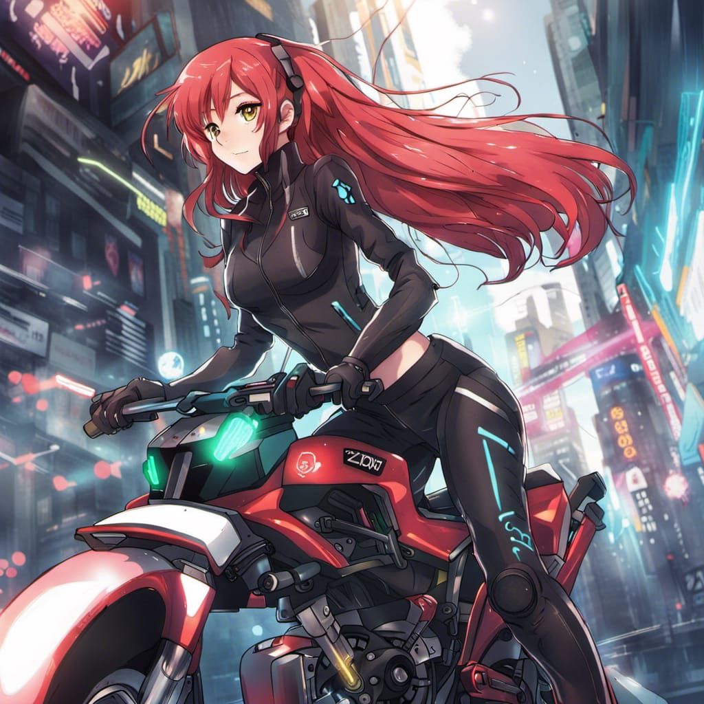 Red-Haired Girl on Hoverbike in Anime Style