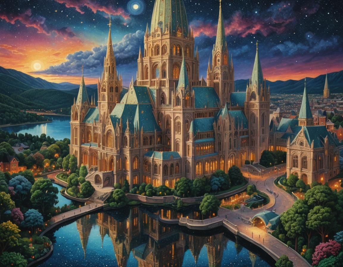 Surreal Cathedral Palace in Neo-Pointillism Oil Painting