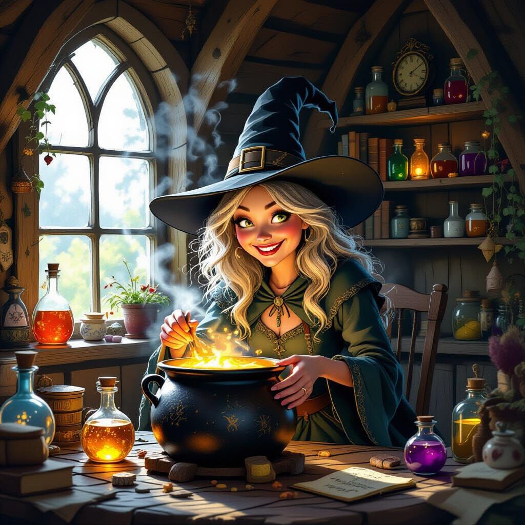 Whimsical Witch in Cozy Cottage Storybook Art
