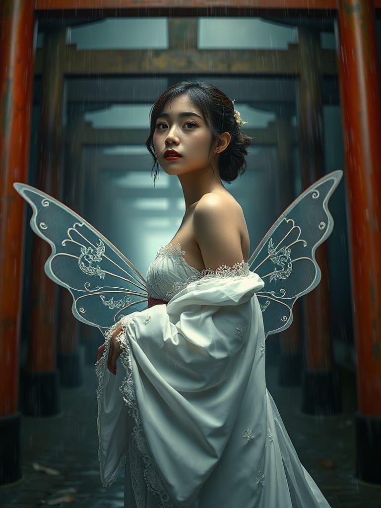 Ethereal Fairy Posing Amidst Japanese Torii Gates in Moody, ...