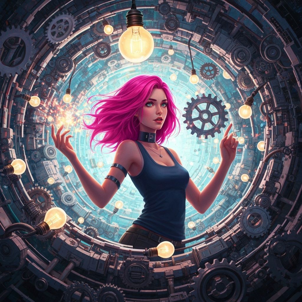 Woman in Futuristic Gear Vortex, Neon Digital Art