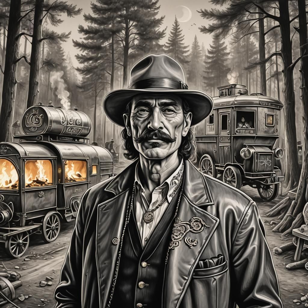 Chicano Style Gypsy with Wagon, Ink Drawing