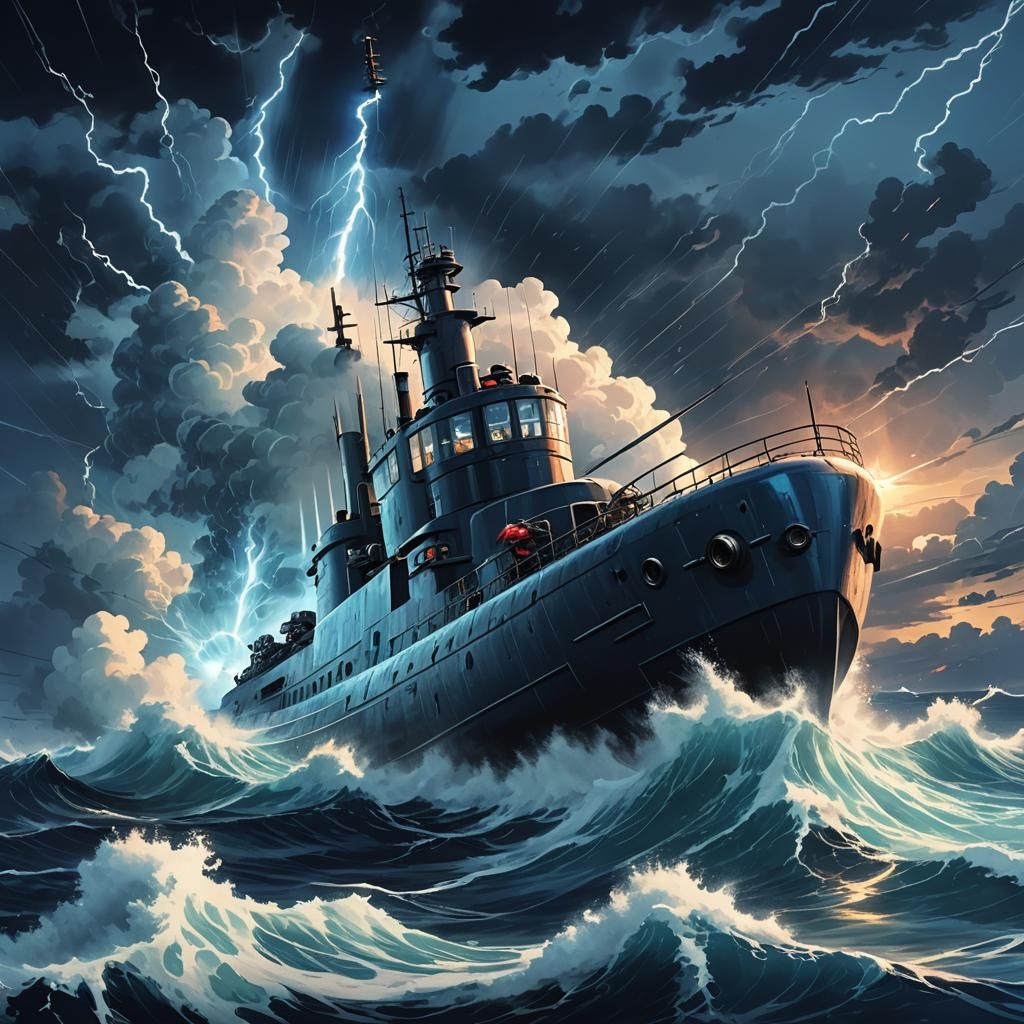 Submarine on Stormy Ocean in Manga Style