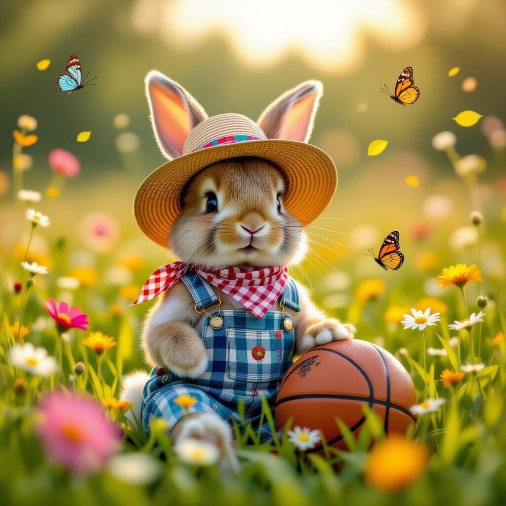 Cheerful Bunny in Wildflower Basketball Field