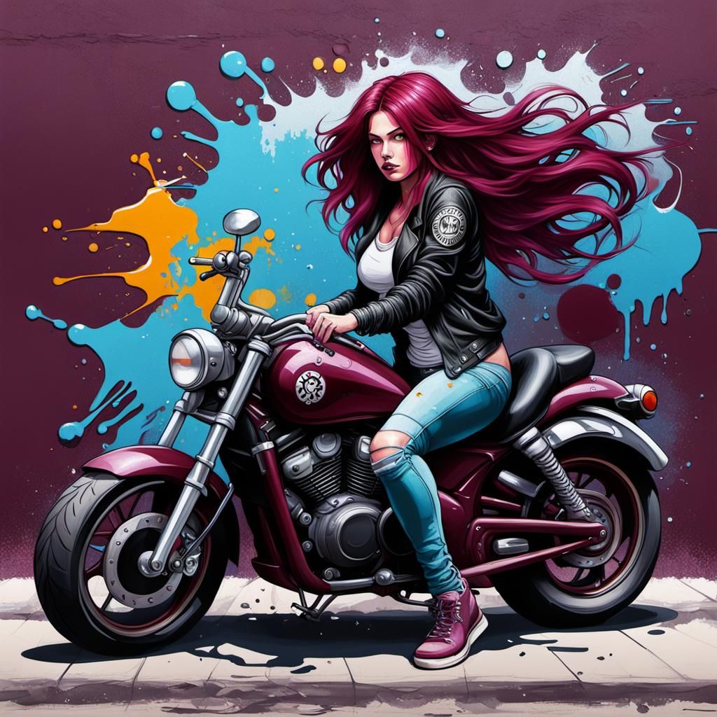 Motorcycle Girl in Graffiti Splash Art Style