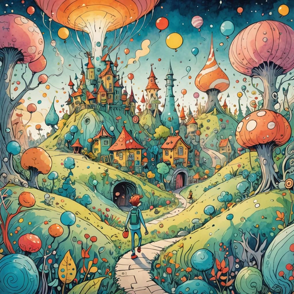 Playful Character in a Dreamlike Doodle Landscape