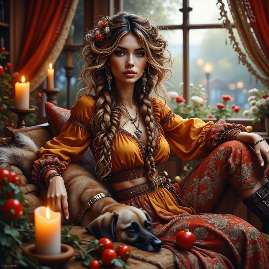 Woman and Dog in Cozy Room, Romantic Realism Style