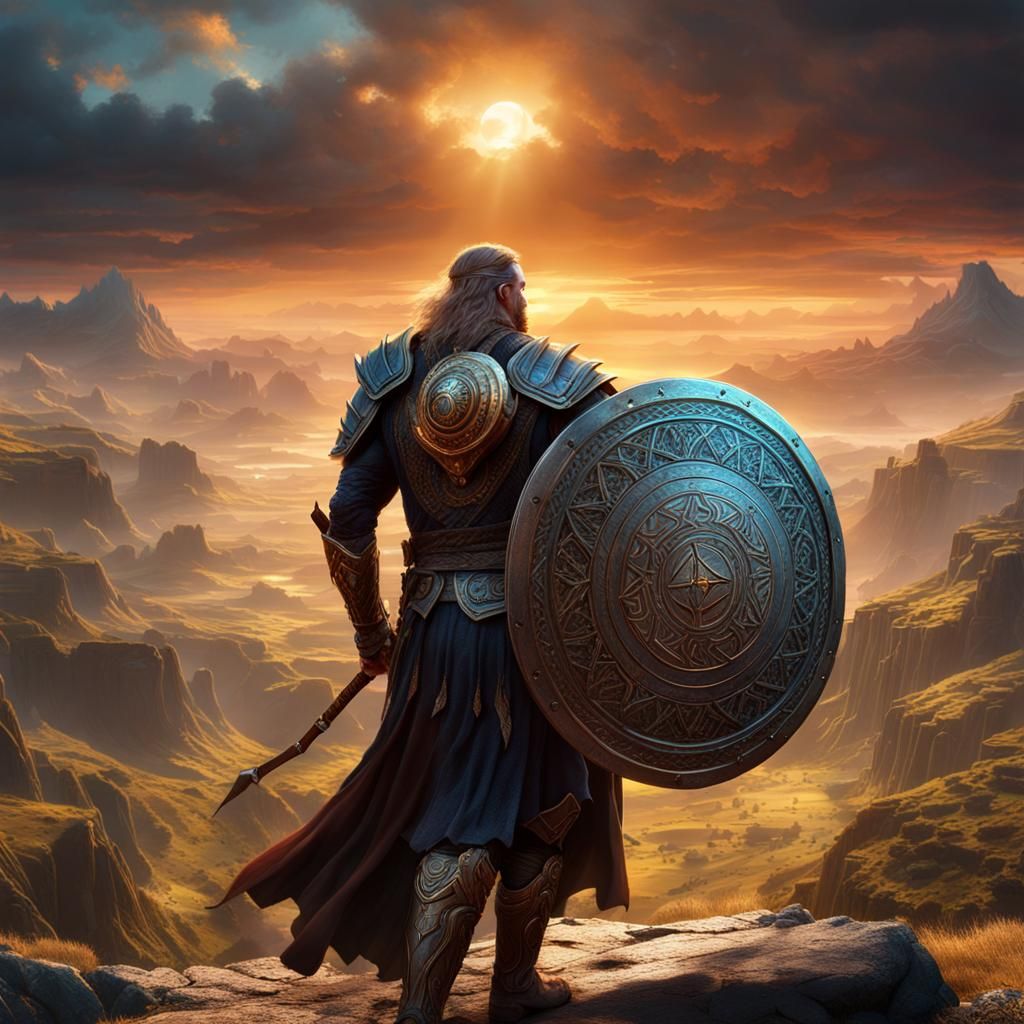 Asgardian Warrior with Runic Shield at Sunset