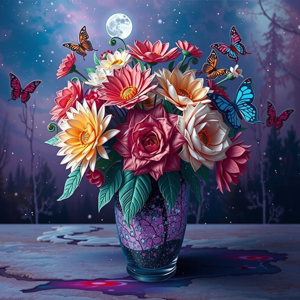 Cosmic Quilling Collage of a Snowy Purple Cat Under a Full M...