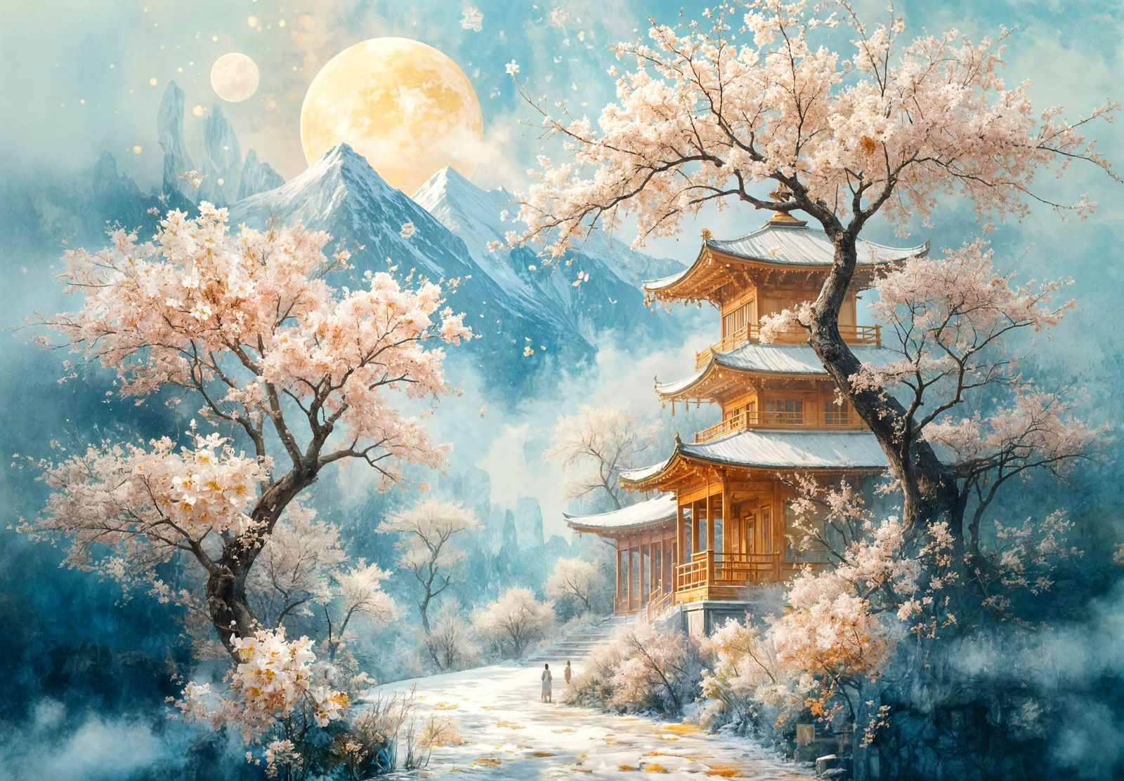 Ethereal Almond Blossom Temple Amidst Snowy Mountains