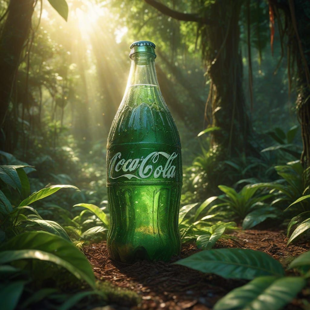 Giant Coca-Cola Bottle in Lush Jungle Clearing