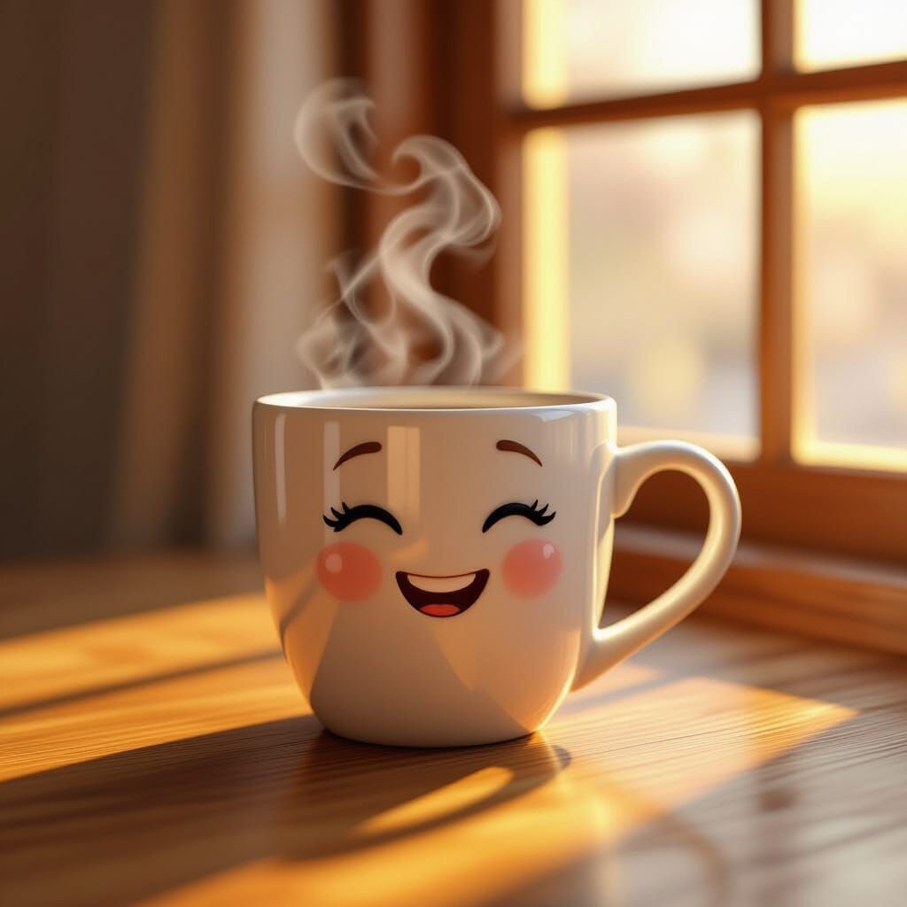 Happy Coffee Mug in Golden Morning Light