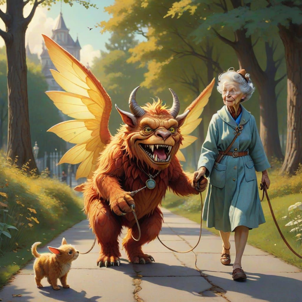Mythical Creature Walk with Elderly Woman