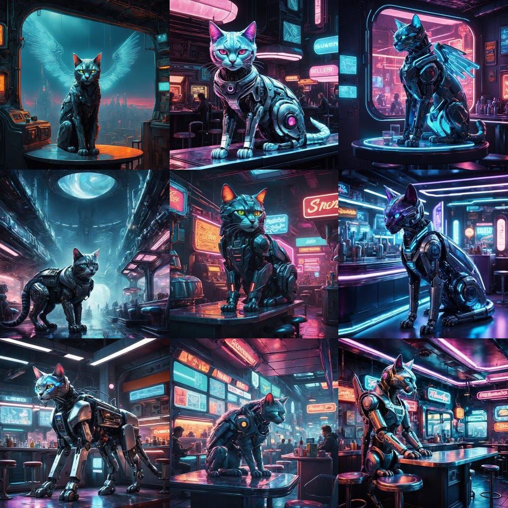 Cyberpunk Robot Cat Hybrid in Neon Diner