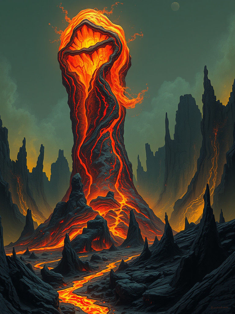 Molten Lava Being in Volcanic Landscape