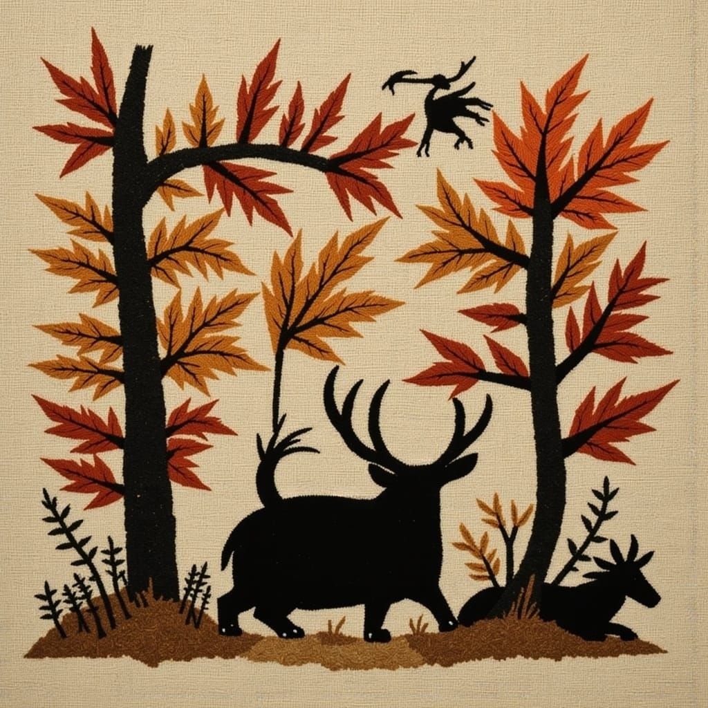 Stone Age Silhouette: Cute Creatures in Autumn Leaves