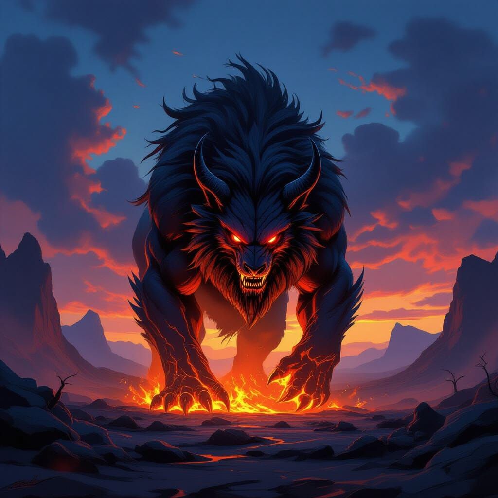 Majestic Fiery Beast Rises from Ashes in Volcanic Landscape