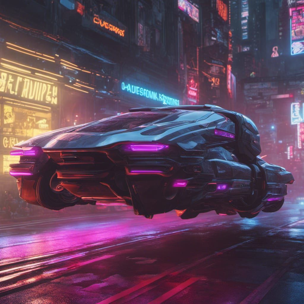 Cyberpunk Hover Car in Neon Cityscape