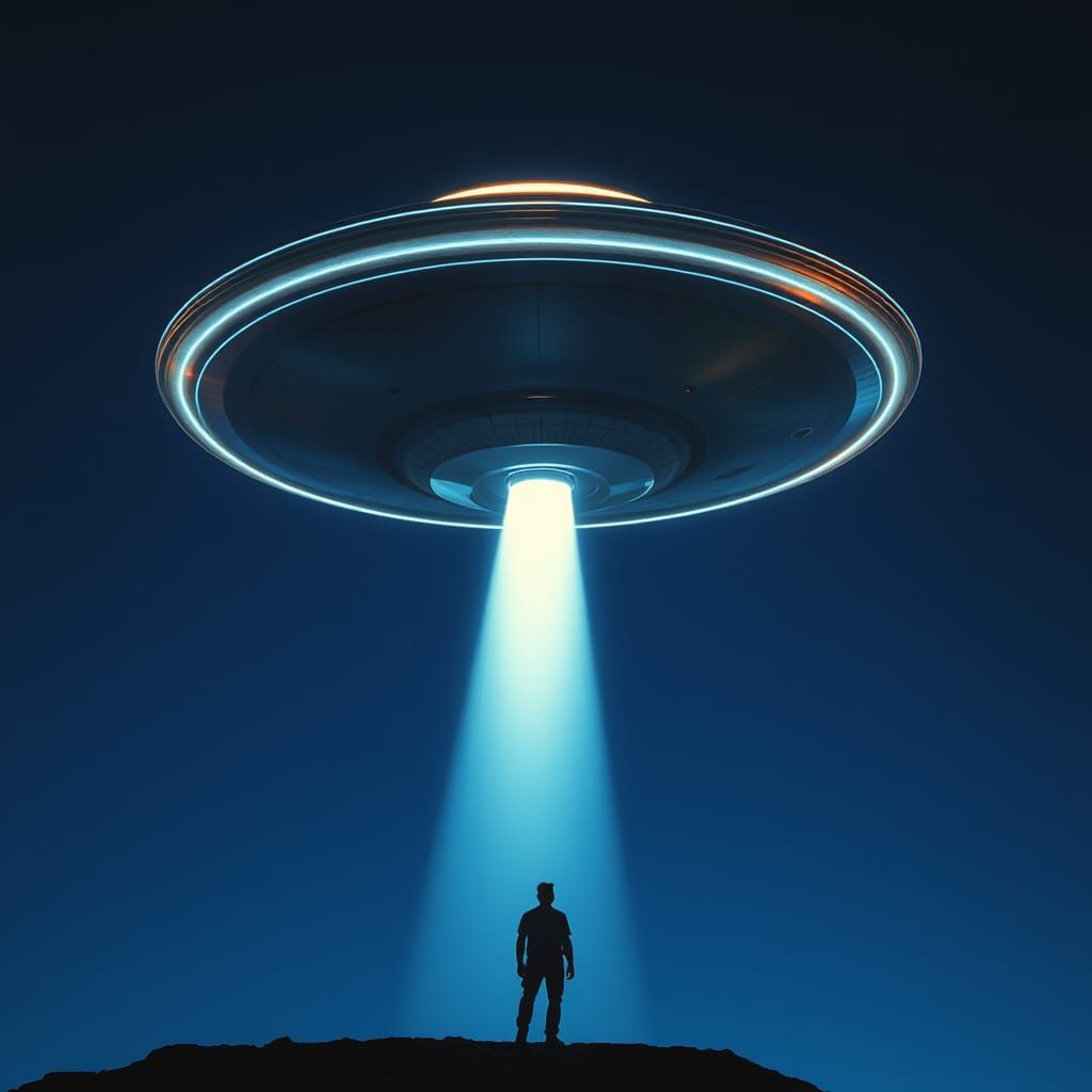 Retro-Futuristic UFO Silhouettes Observer in Ethereal Light