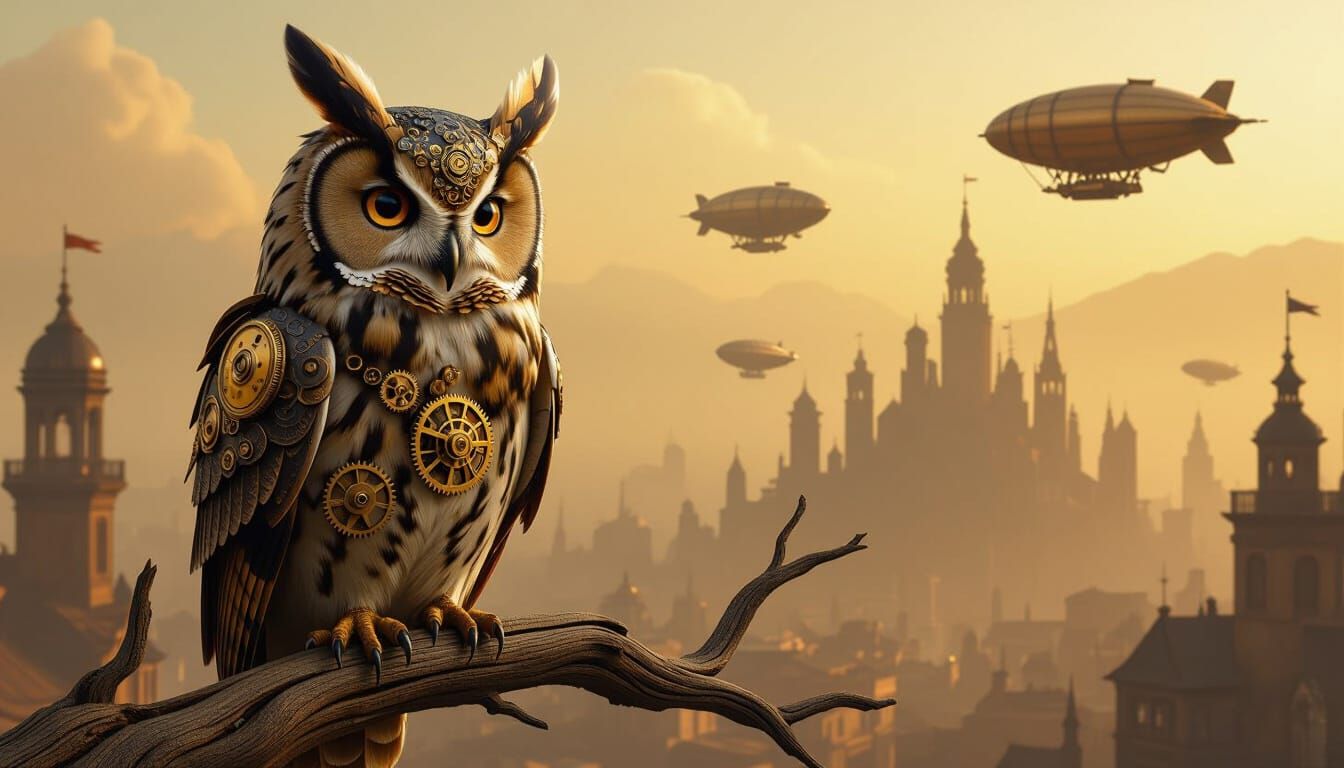 Steampunk Owl Portrait with Sepia Cityscape
