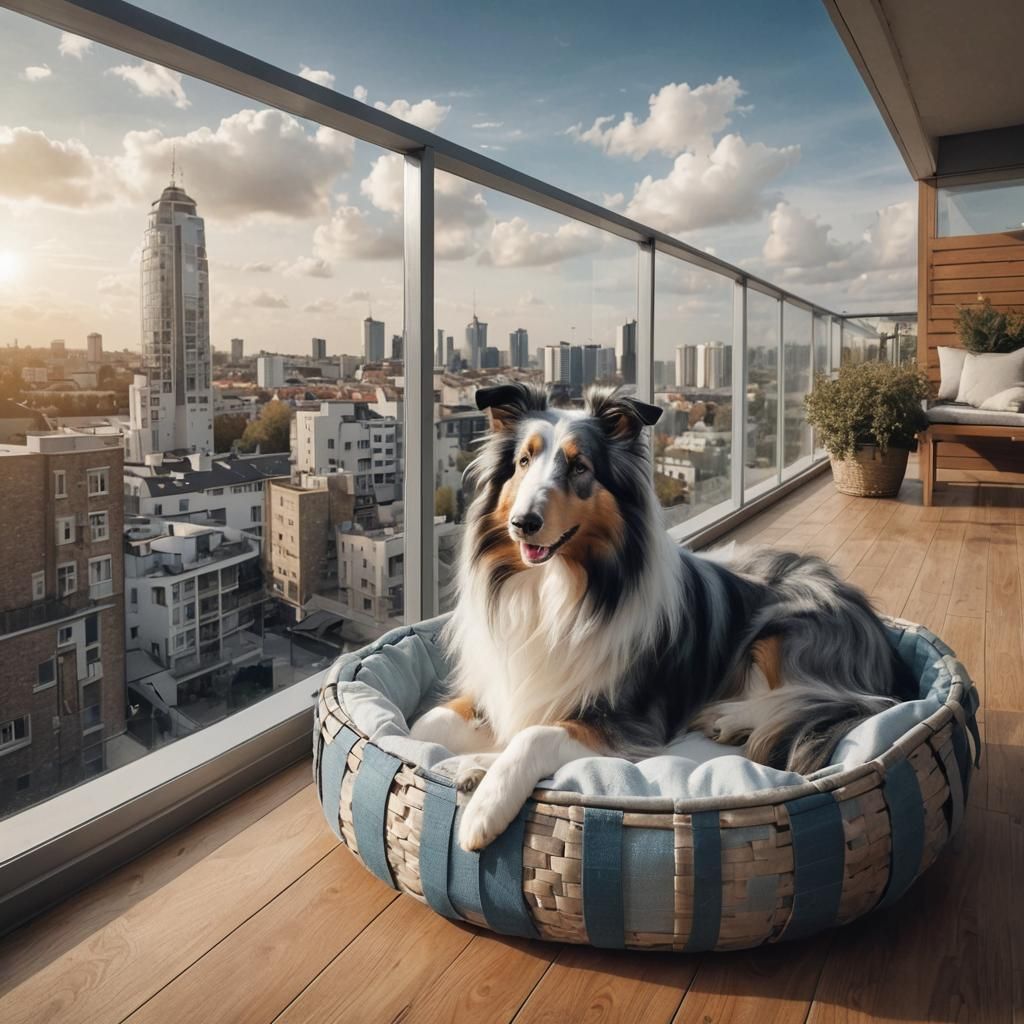 Blue Merle Collie Relaxing on Balcony