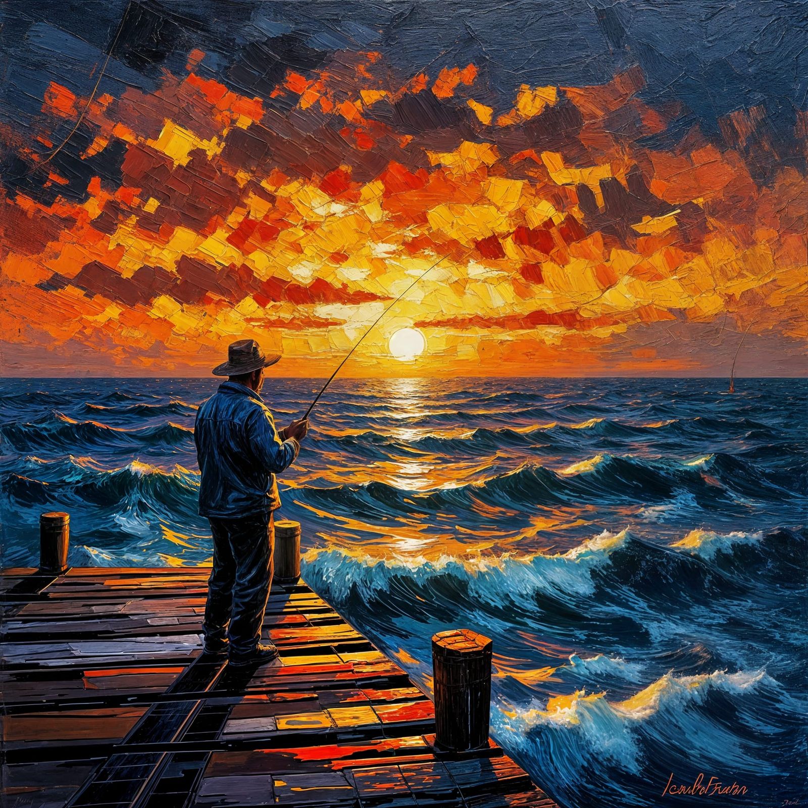Lonely Fisherman at Dusk, Impasto Style Painting