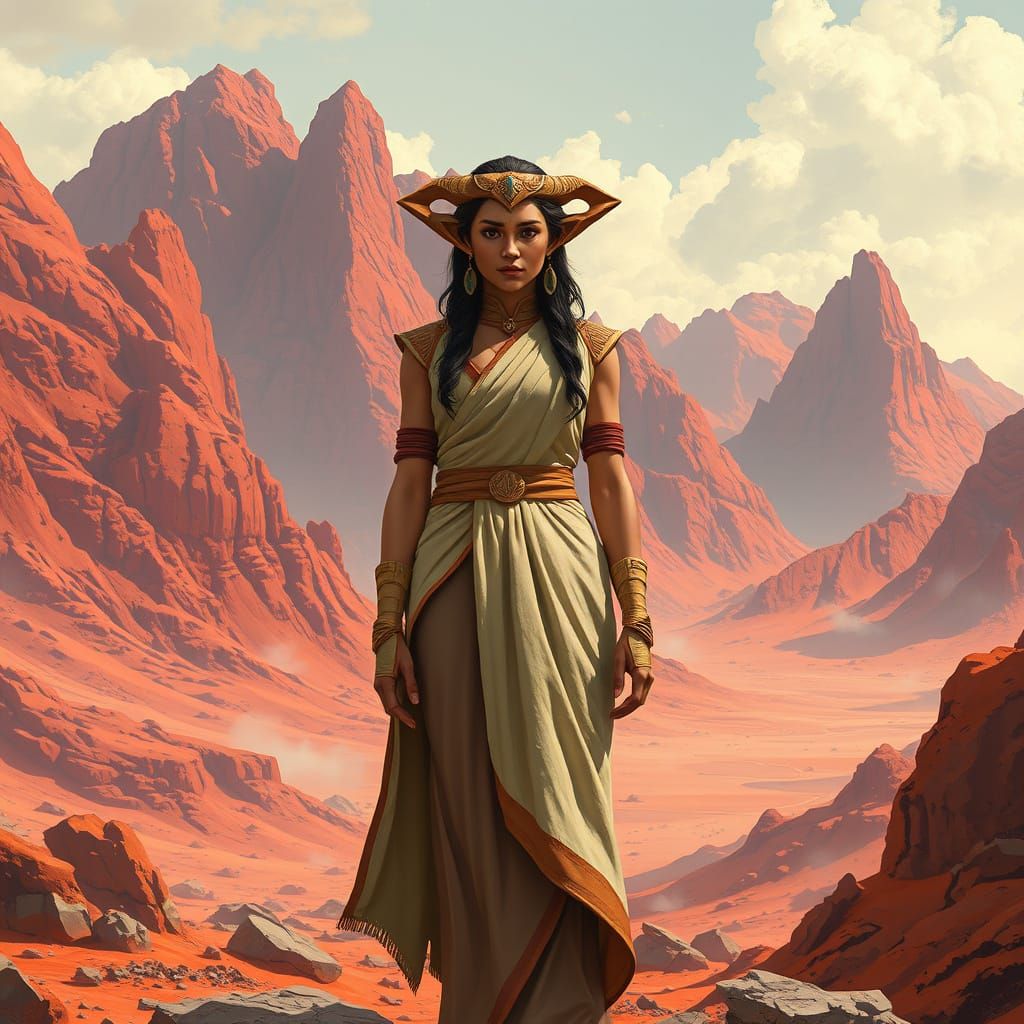 Vulcan Woman on Barren Planet in Futuristic Style