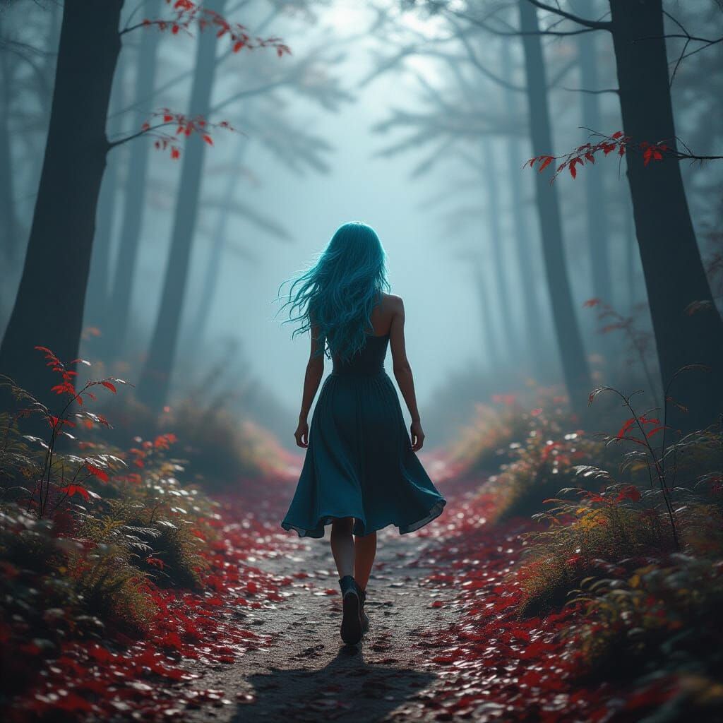 Alien Beauty Runs Through Foggy Forest