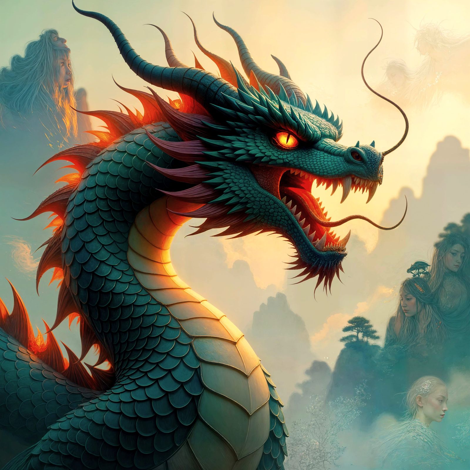 Dragon Speak Bioluminescent Matte Painting in Ukiyo-e Style