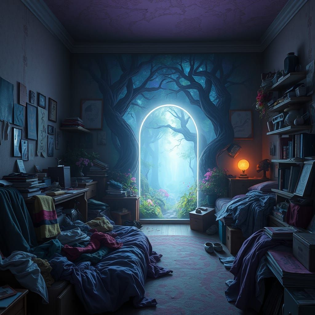 Glowing Portal to Enchanted Forest in a Messy Bedroom