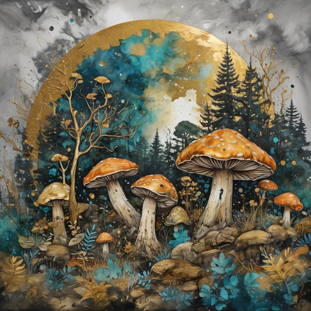 Mushroom Forest on Tortoise in Alcohol-Ink Marbling