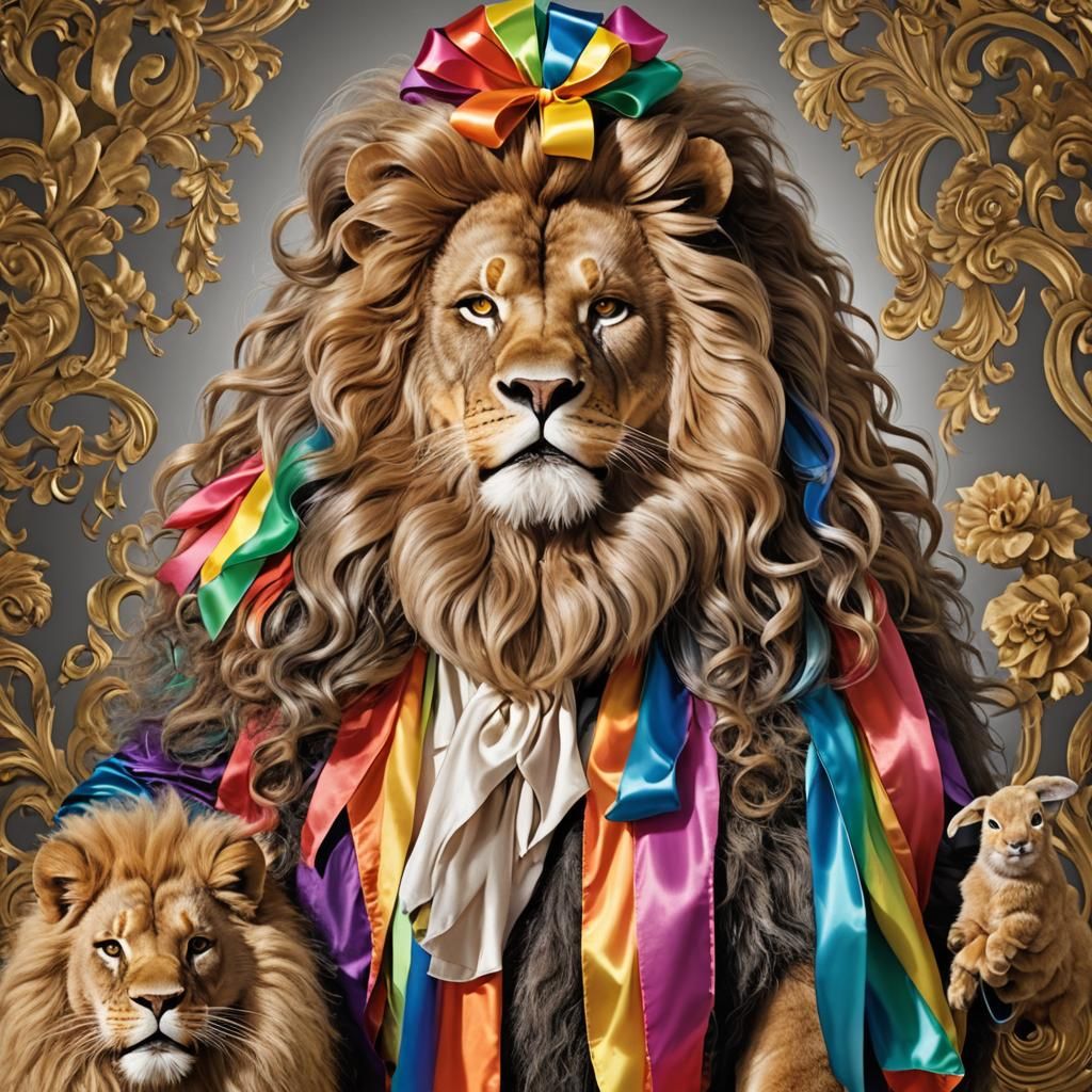 Lion Drag Queen in Rainbow Silks and Chiffon