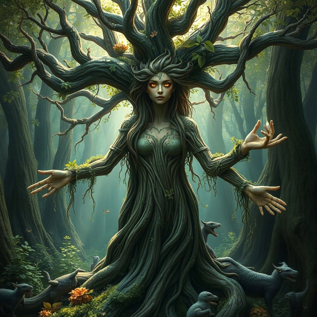 Mystical Tree Woman Emerges from Ancient Forest