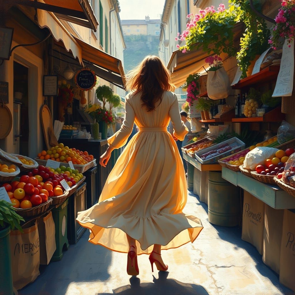 Woman Rushes Through a Vibrant French Market in Impressionis...
