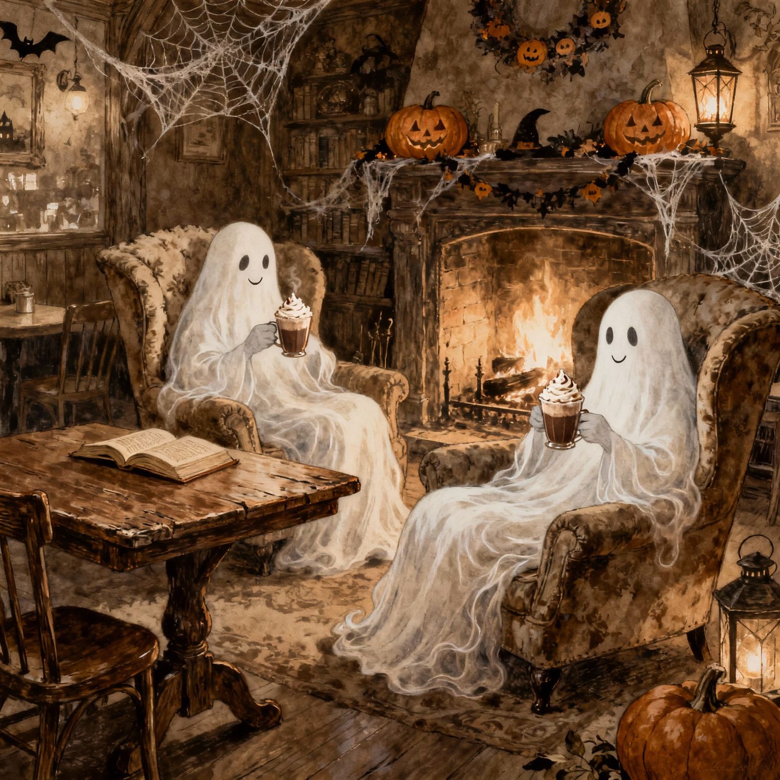 Friendly Ghosts Enjoying Cacao in Cozy Halloween Cafe