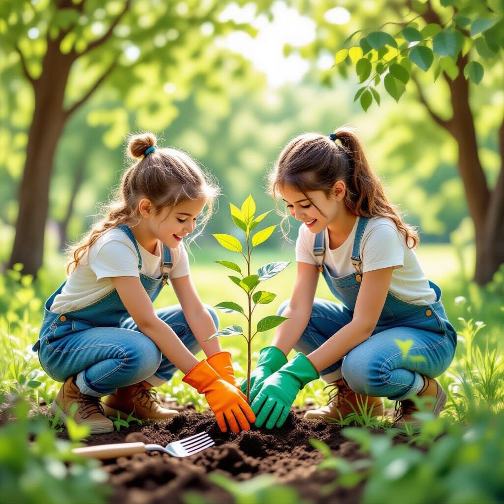 Friends Planting Trees in Lush Park, Whimsical Illustration