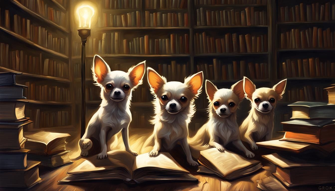 Chihuahuas Explore Haunted Library, Dark Fantasy Art