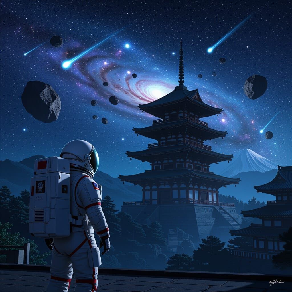 Astronaut Gazing at Ancient Temple in Galaxy