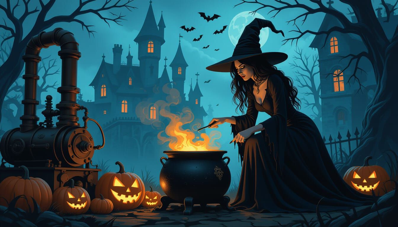 Witch in Haunted Woods with Steampunk Engine