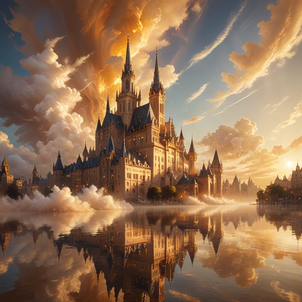 Ethereal Fantasy Cityscape in Golden Light