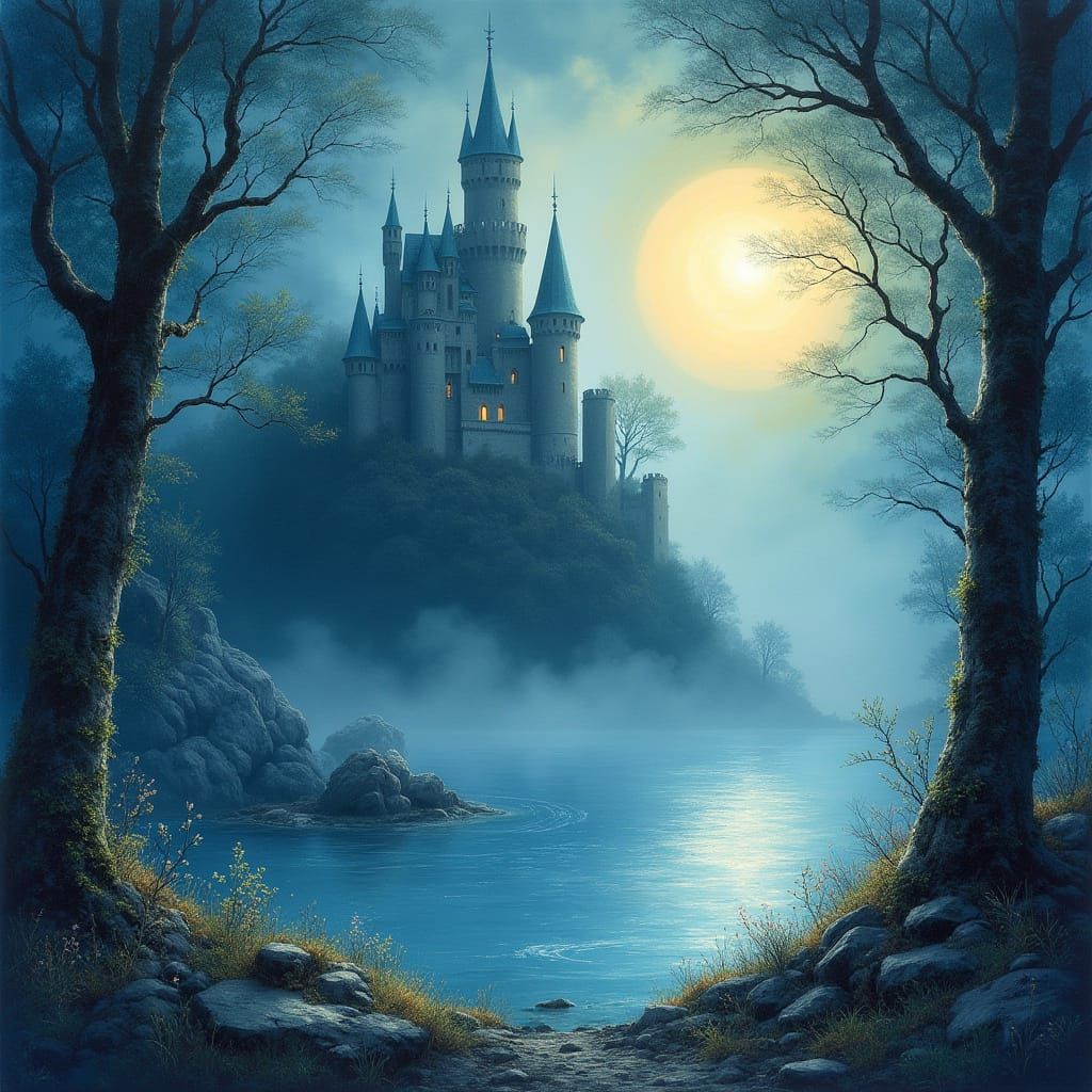 Dreamy Moonlit Castle in a Lush Forest Clearing