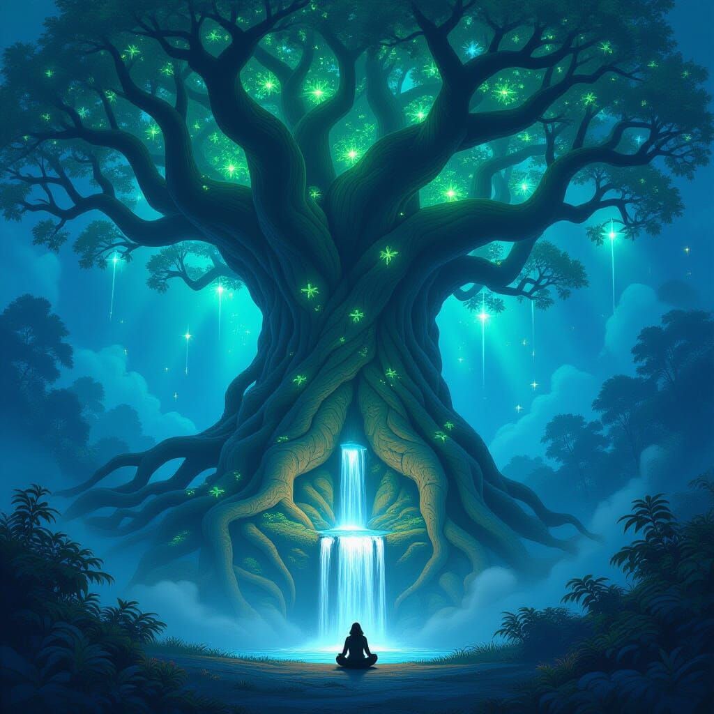 Ancient Tree & Waterfall in Magical Forest