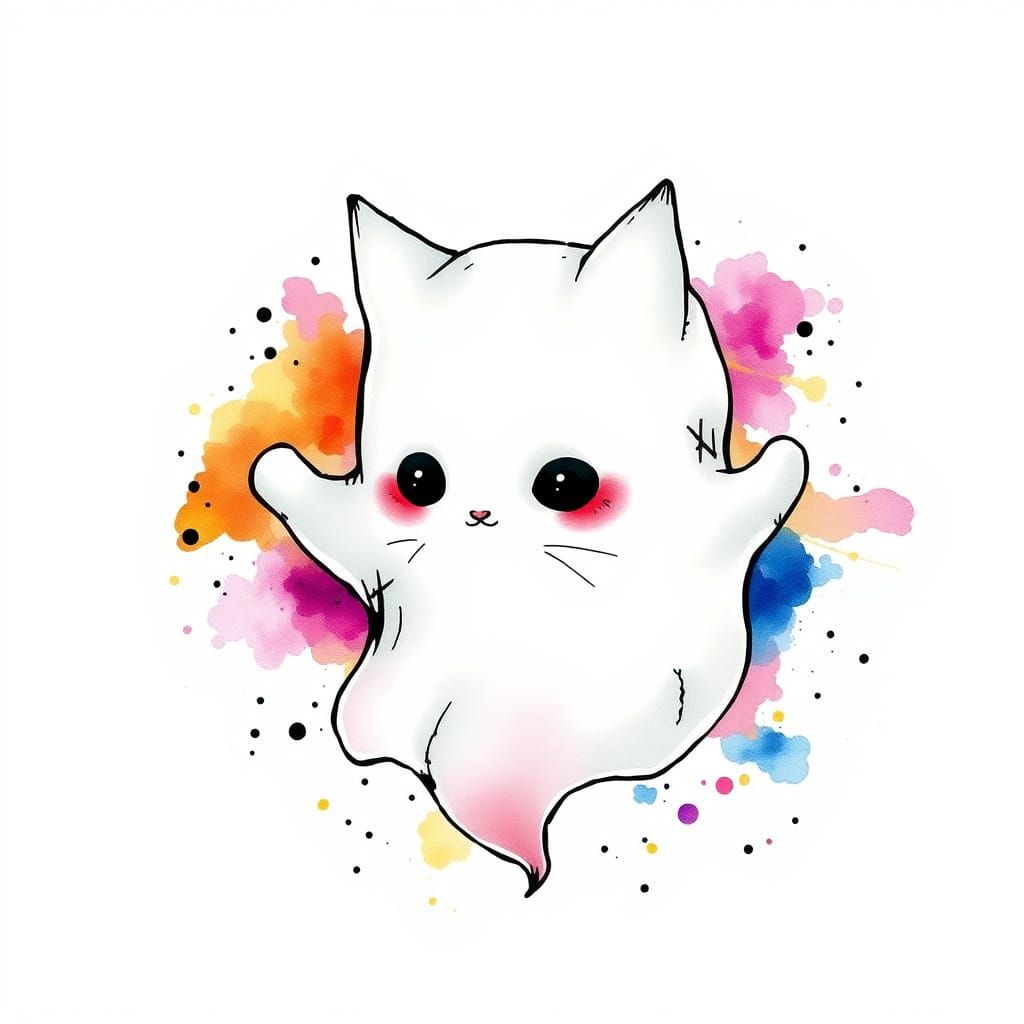 Whimsical Ghost Cat in Vibrant Watercolour