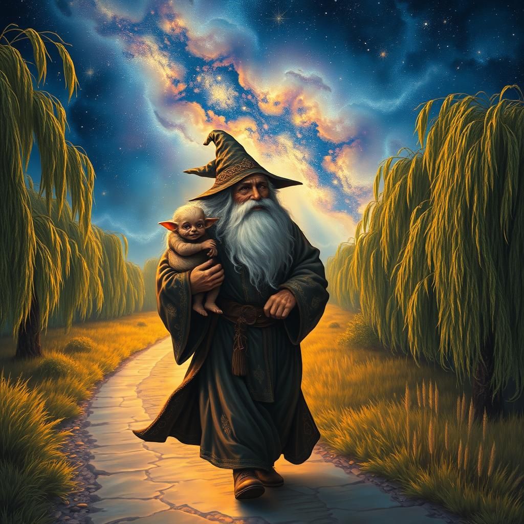 Fantasy Wizard on Golden Path, Painterly Style