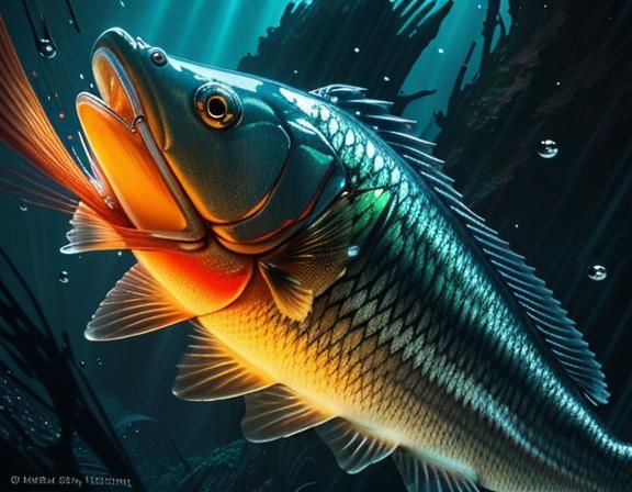 A bass fish swimming free with five fishing lures hanging fr...