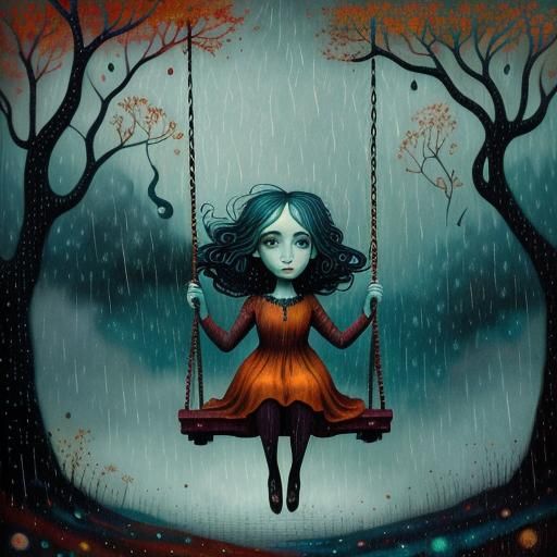Girl on Swing: A Pop Surrealist Gloomcore Illustration