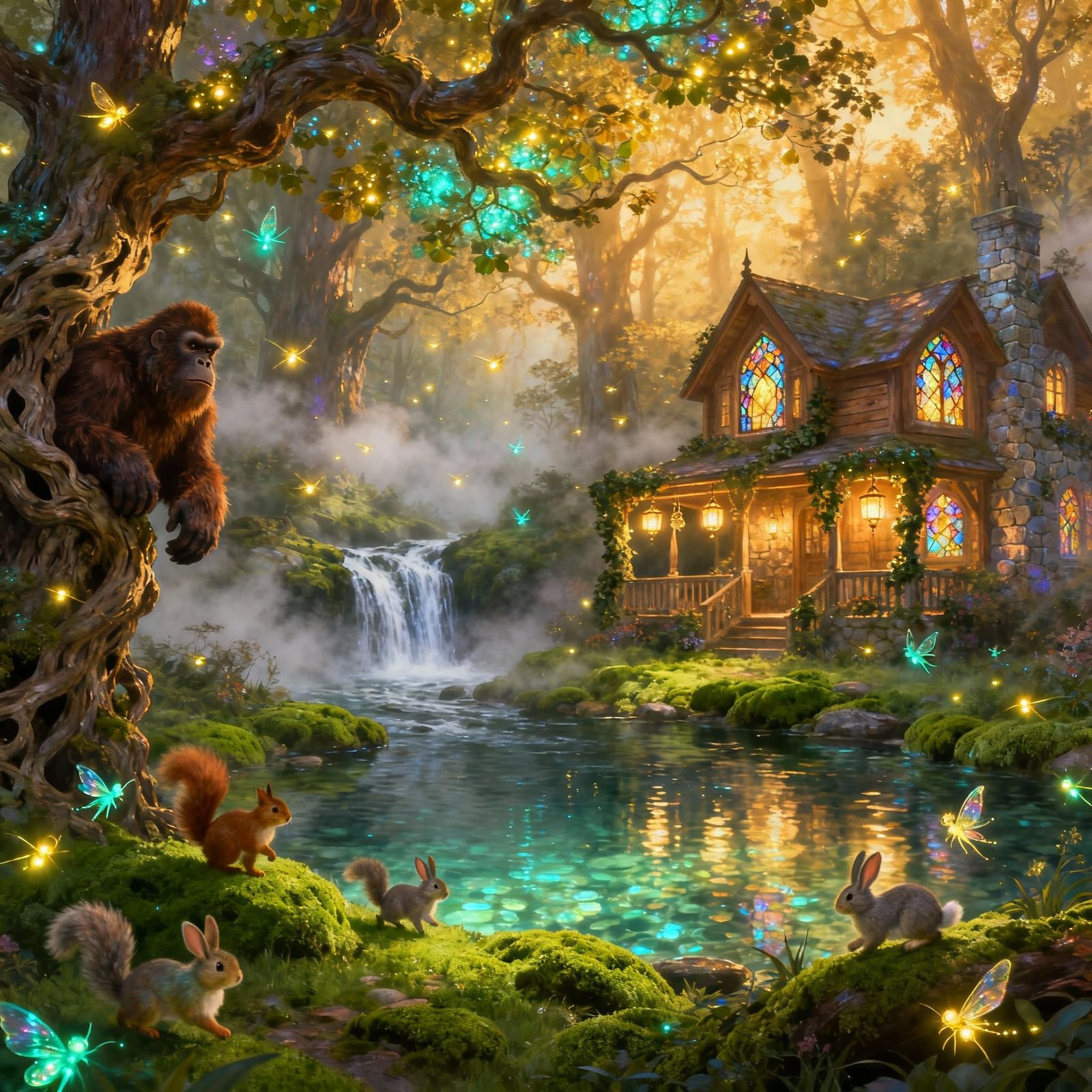 Enchanted Forest Waterfall Home with Magical Creatures