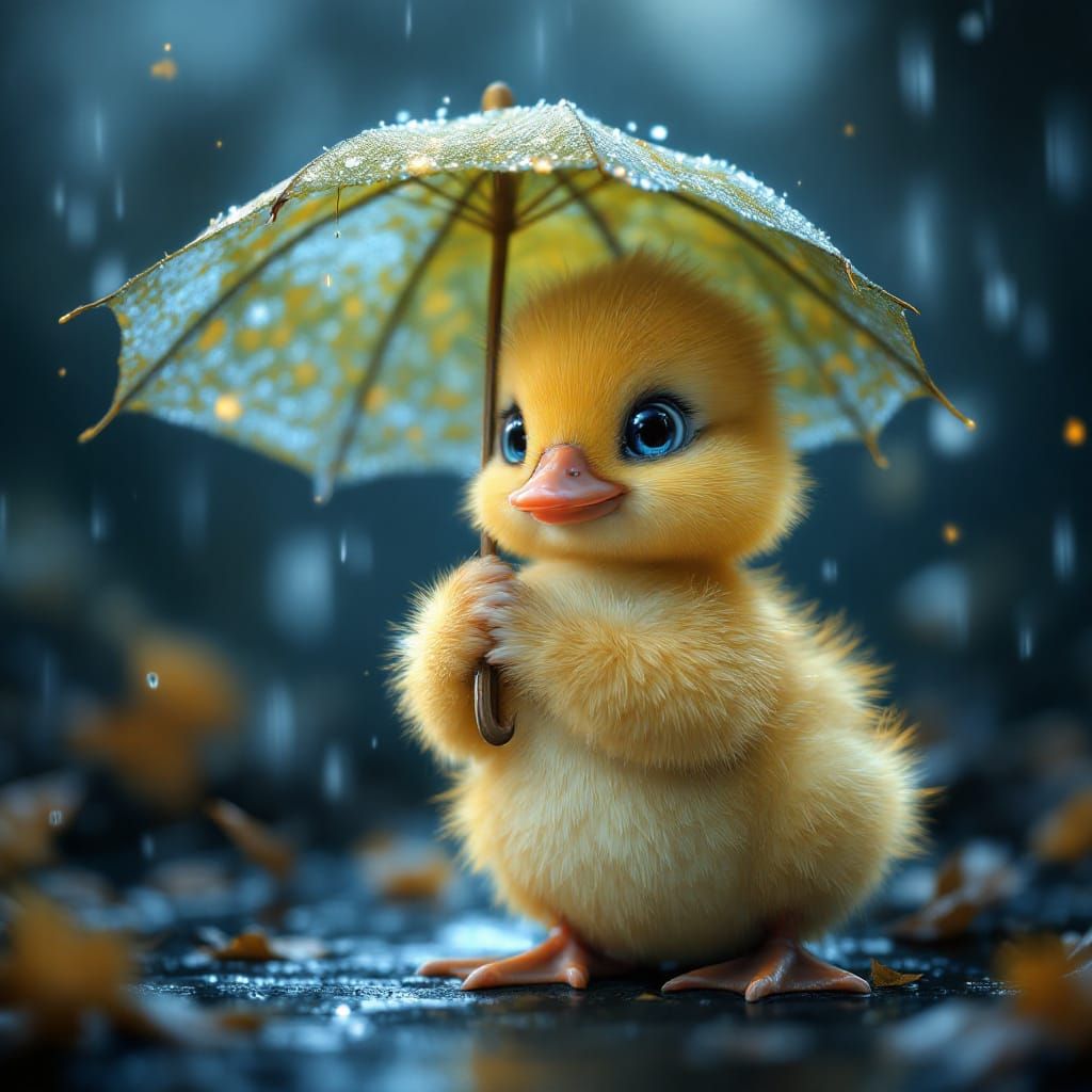 Duckling in Rain with Leaf Umbrella: Hyperrealistic Digital ...